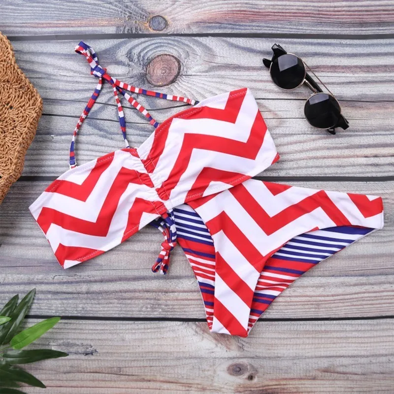 

Sexy Women Swimwear Striped Push Up Bikini Set Female Bandeau With String Adjustable Swimsuit Low Waist Swim Suits Lady Biquini