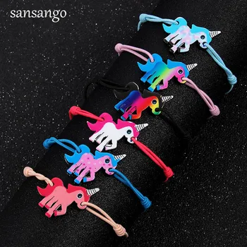 

12 Pcs Pink Blue Multi-Color Unicorn Charm Bracelets Adjustable Wax Rope Bangle For Children Girls Fashion Jewelry Gift Birthday