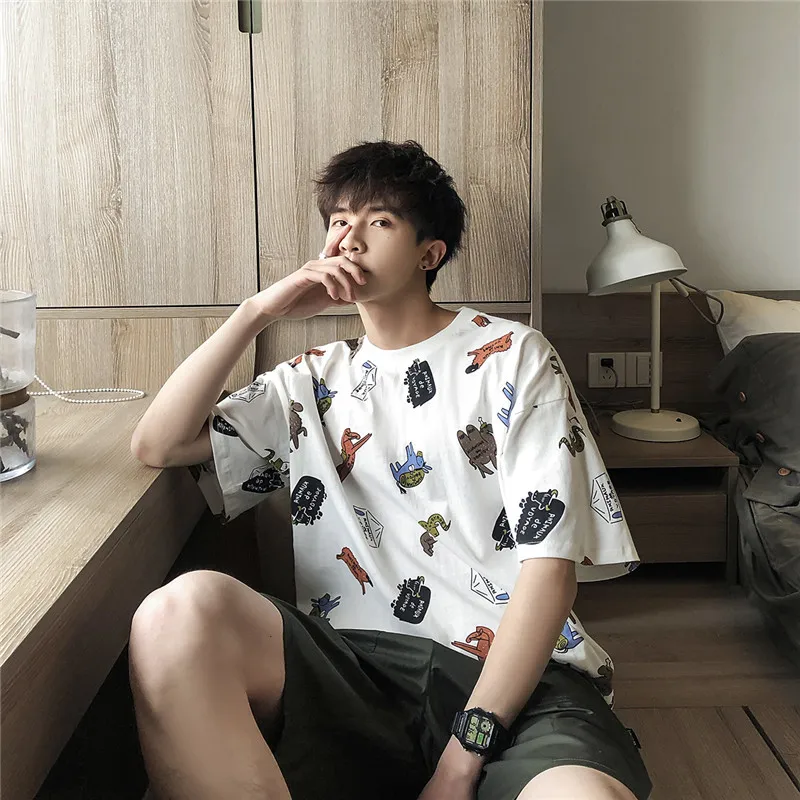 

Men's T-shirt 2019 Summer New Color Graffiti Full Printed Round Neck Loose Pullover T-shirt Student Youth Casual Men's Clothing