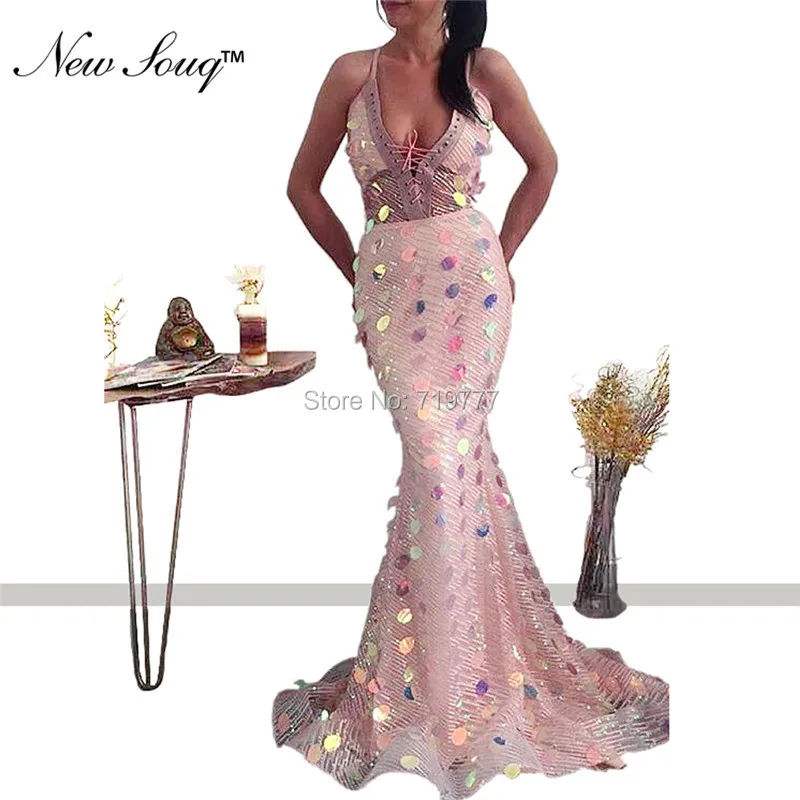 

Robe De Soiree Shiny Sequin Slim Mermaid Party Dress Pink V Neck Evening Dresses 2019 Sexy Prom Dress Abiye Gece Elbisesi