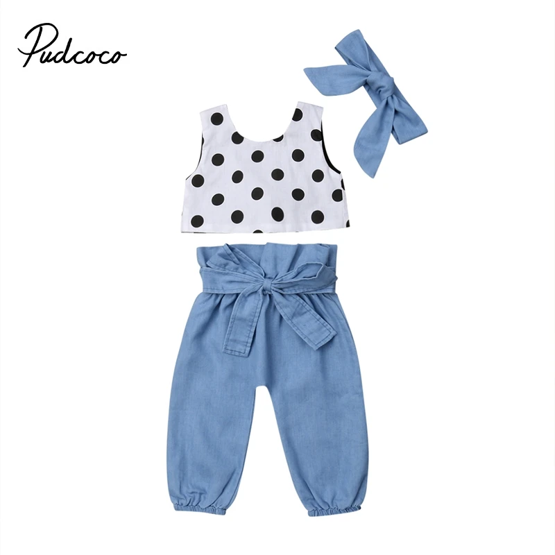 

Summer Fashion Kids Baby Girls Polka Dot Sleeveless Backless Bowknot Crop Tops+Jean Trousers 3Pcs Casual Clothes Tracksuit 1-6Y