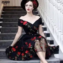 Zeagoo женское модное Сетчатое платье с вышивкой в виде роз, с открытыми плечами, с высокой талией, Повседневные Вечерние Платья с цветочным рисунком, платье на все сезоны