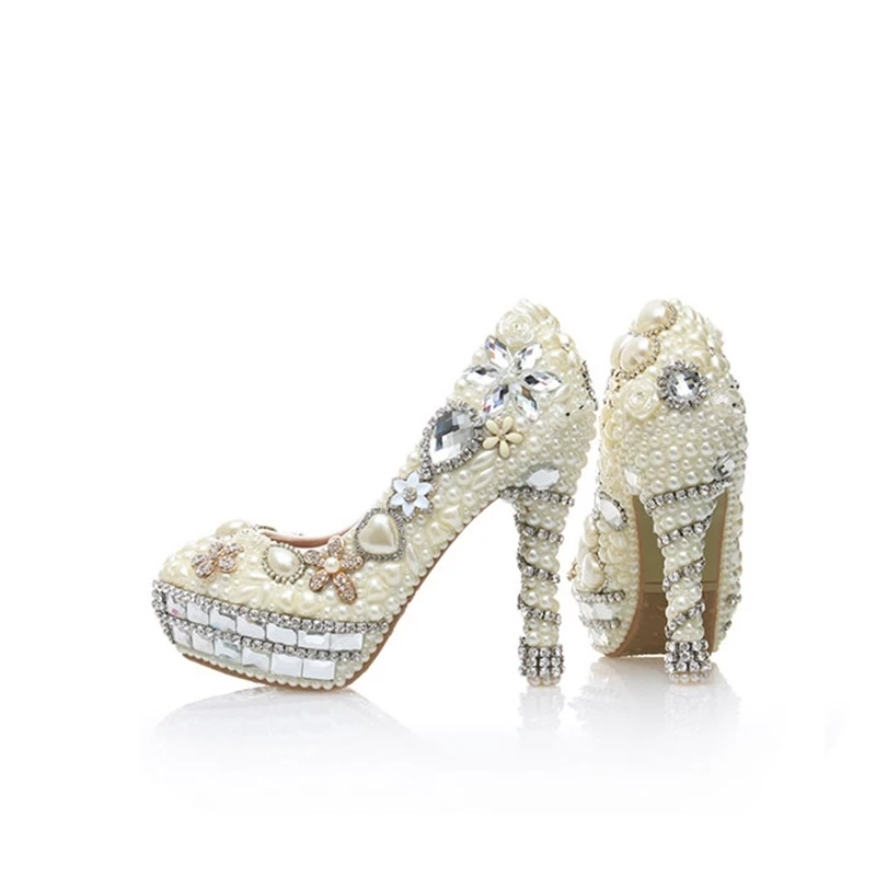 

Ivory Pearls Silver Rhinestone Bridal Wedding Shoes Delicate Handmake Wedding High Heels Anniversary Ceremony Pumps Large Size