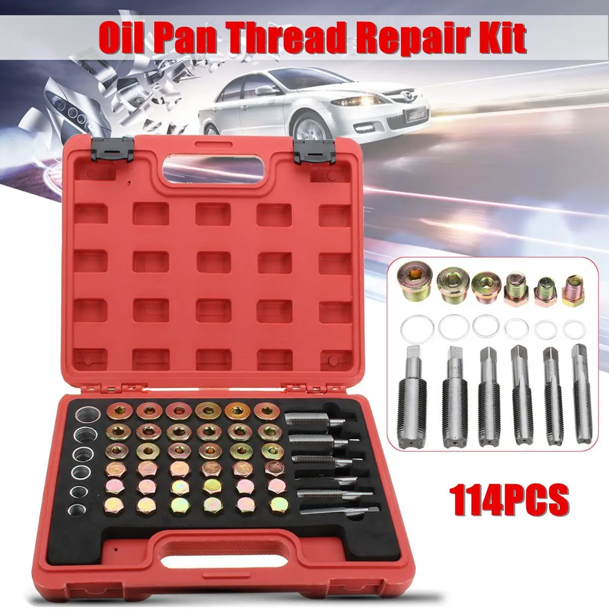 

114PCS Car Oil Pan Thread Repair Kit Gearbox Drain Plug Washer Seal Tool Set