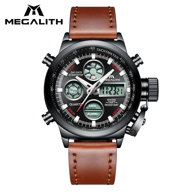 

MEGALITH LED Digital Watch Men Genuine Leather Military Sport Quartz Wrist Watch Waterproof Multifunction Wristwatch Reloj