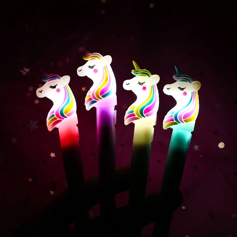 cheap Kawaii Unicorn Pens Lovely Light Led Gel Pen Novelty Neutral Pens For Kids Girls Gift School Office Supplies Creative Stationery