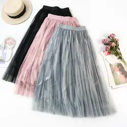 Женская 2019 Весна сетчатые юбки длинные корейские перья вышивка бисером юбка Винтаж элегантные летние женские красивые плиссированные юбки