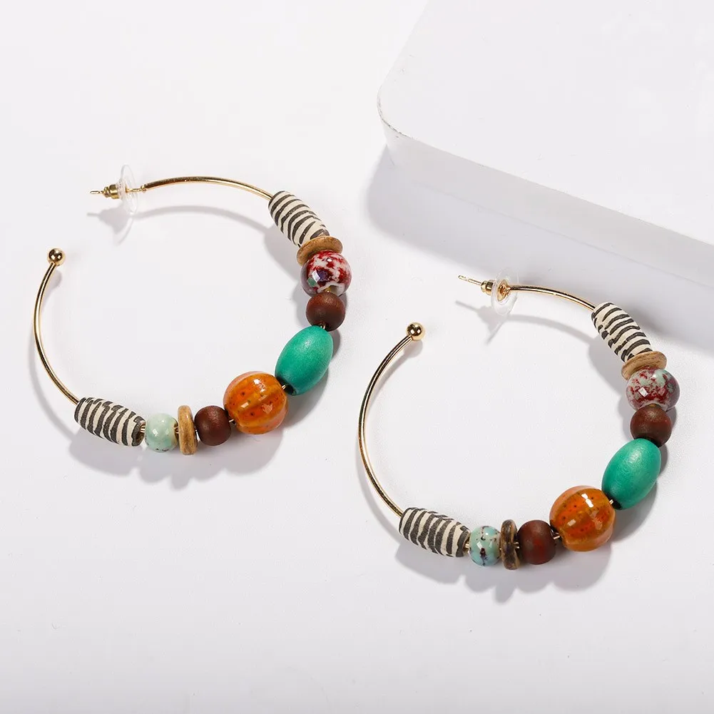 

Fashion Bohemia Women's Trendy Ear Drop Jewelry Colorful Beads Hoop Earrings Big Earrings