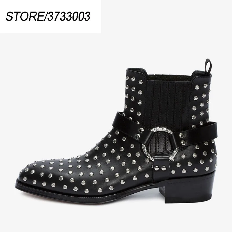 

2019 New Arrival Ankle Boots Men Pointed Toe Rivet Metal Buckle Ankel Strap Real Leather Shoes Man Motorcycle Boots