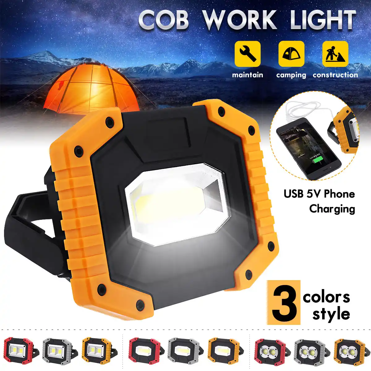 30W LED COB Flashlight Work Light Rechargeable Searchlight Flood Lamp Camping .