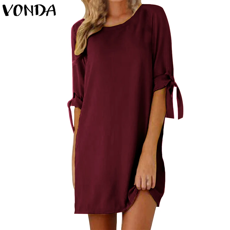 

VONDA Women Sexy Mini Dress 2019 Summer Pregnant Casual Loose O Neck Half Sleeve Elegant Solid Maternity Bohemian Vestidos