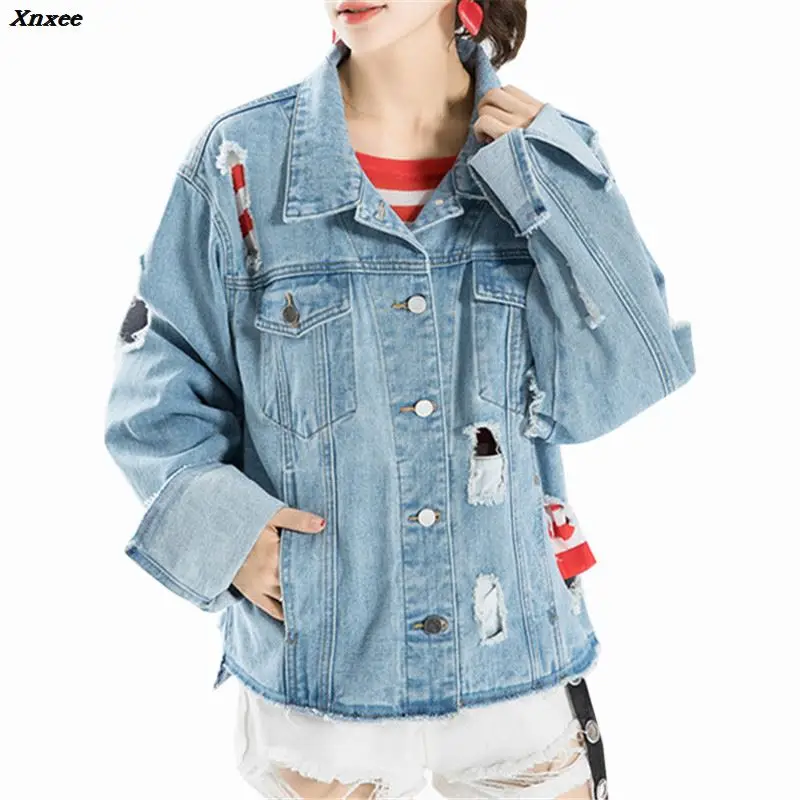 2018 New Women Autumn Winter Long Sleeve Basic Coats Vintage Loose Hot Fashion Holes Cacual Denim Jacket Vintage Girls Outwear