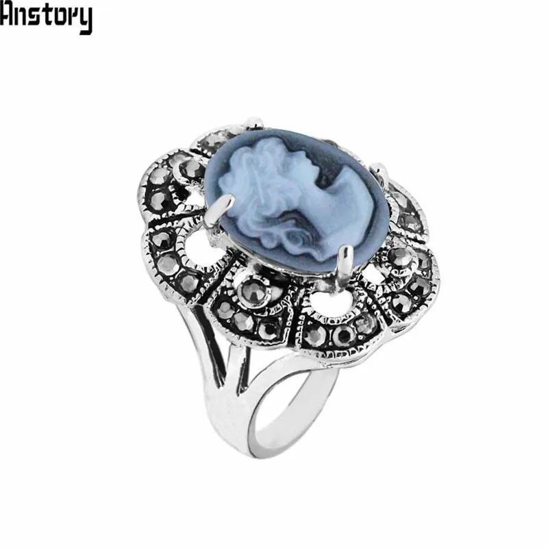 

Oval Lady Queen Cameo Rings For Women Antique Silver Plated Rhinestone Plum Flower Vintage Fashion Jewelry TR708