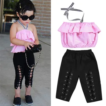 

2019 Summer Girls Clothes Sets Baby Girl Sling Top Ruffle+bandage Pants Suits Kids Clothing Fashion Children's Clothes 2pcs 6T
