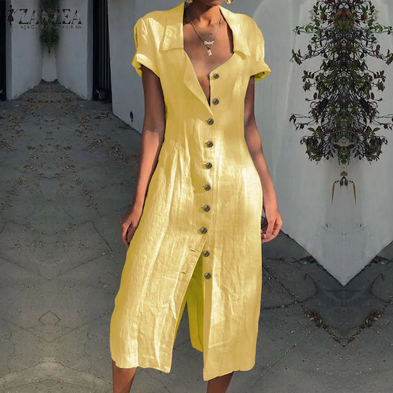 

Dress for Women ZANZEA Plus Size Ladies Long Shirt Vestidos Womens Summer Lapel Buttons Down Sundress Sarafans Sexy Split Dress
