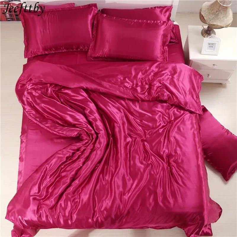 

Jeefttby Home Soft Wine Red Silk Satin 3pcs Bed Sheet Solid Color Double Simulation Silk Satin Bedding Duvet Cover Pillowcase