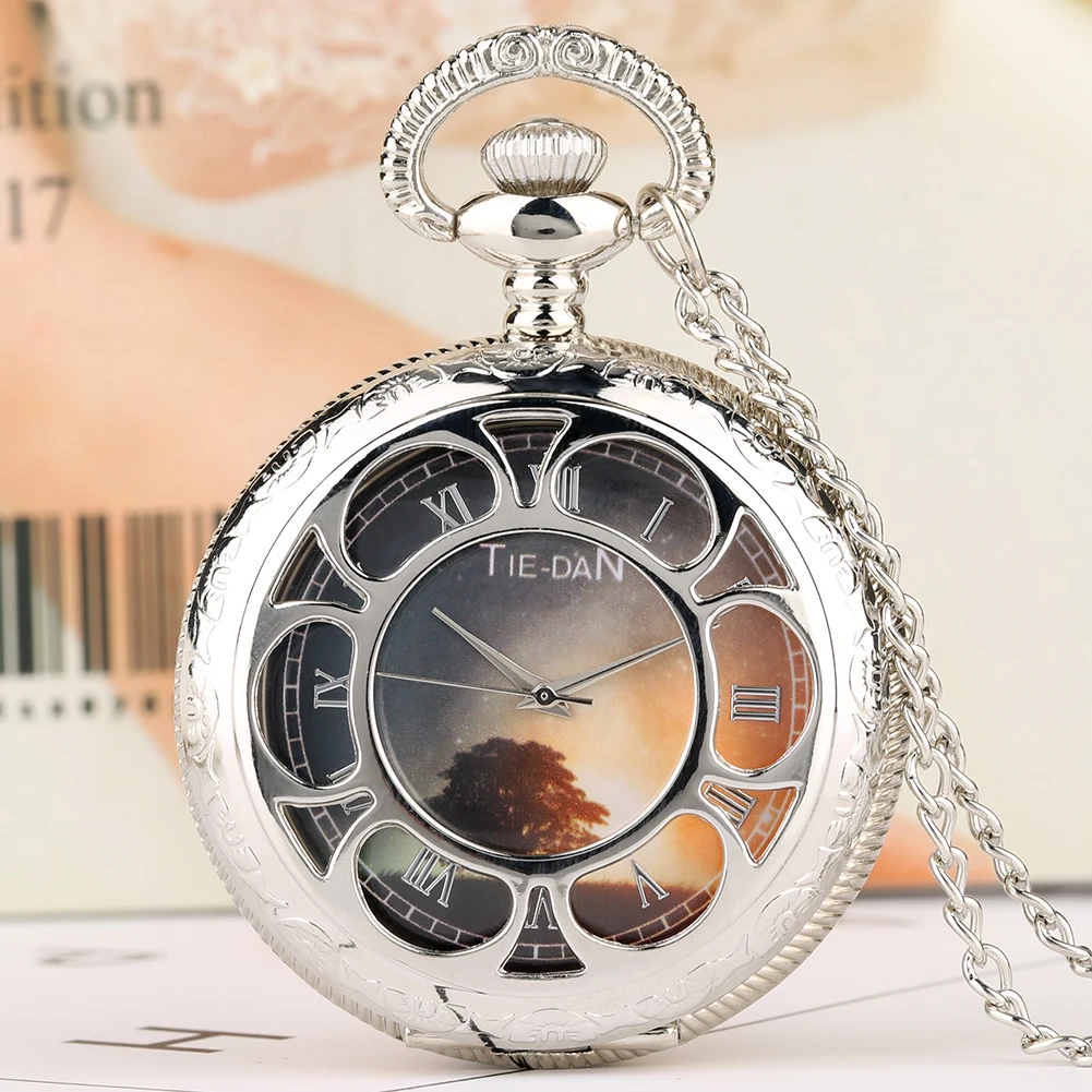 

Fashion and Simple Pocket Watches Sunset Style Quartz Pocket Watch Alloy Silver Case Roman Digital Pocket Watch Men Women