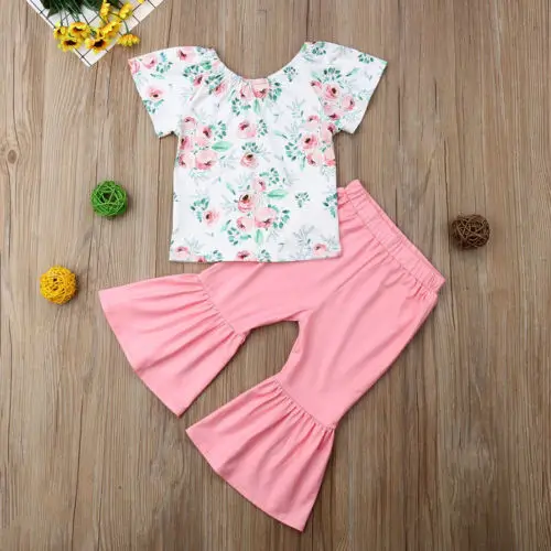 

2Pcs Infant Baby Girls Clothes Floral Top T Shirt Flare Pants Party Wear Clothes Children Set Clothes 2PCS