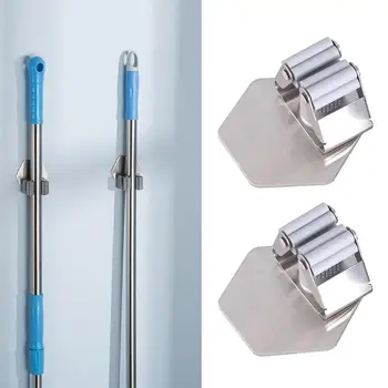 

2 Pcs Stainless Steel Mop Broom Holder Wall Mounted Organizer Self Adhesive Bathroom Kitchen Organizer Rack with Spring Clip