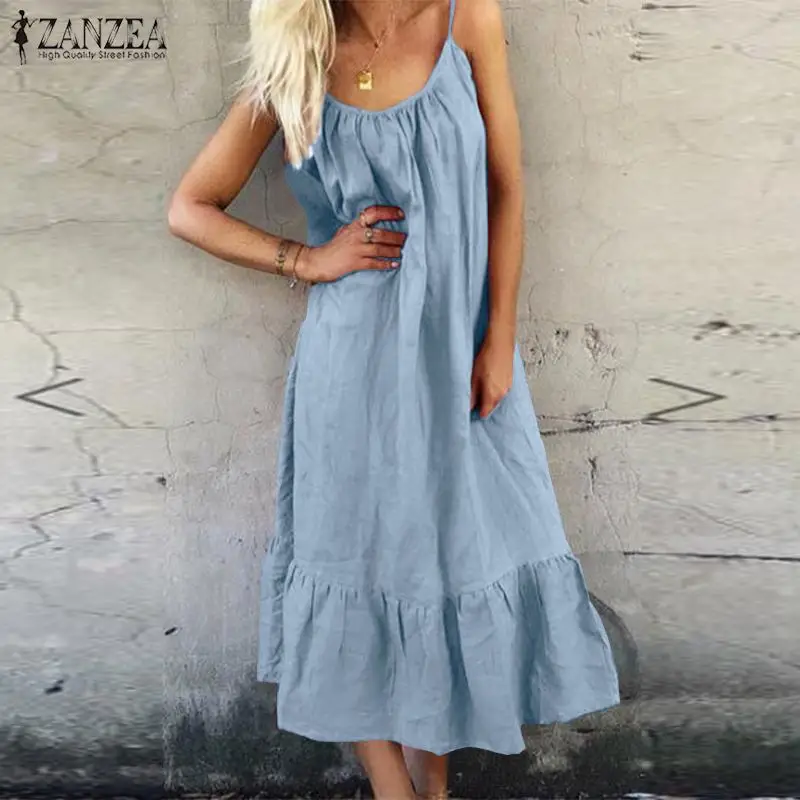 

Plus Size Ruffle Dress Women's Spaghetti Strap Sundress 2019 ZANZEA Beach Casual Summer Maxi Dress Female Linen Robe Femme