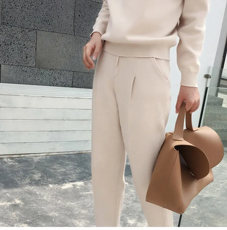 Cashmere Cotton Wool Blend Thick Knit Women Fashion Sweatshirts Tracksuit Pullover And Pants 2 Piece Set