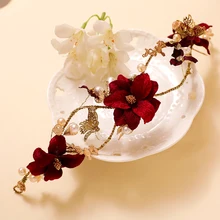 Винтажная повязка на голову с бордовым цветком, аксессуары для волос, золотистый цвет, сплав, головной убор для невесты, свадебный головной убор, украшение, женские повязки на голову