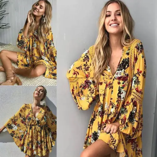 

2019 New Women Floral Cocktail Party Bikini Beach Wear Cover Up Dress Mini Sundress V Neck