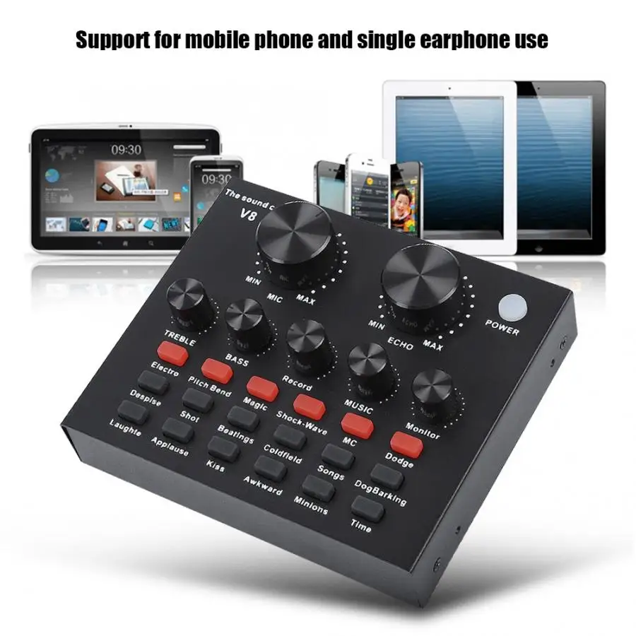 

V8 External USB Audio Mixer Mobile Computer PC Live Sound Card Headset Karaoke Microphone Audio Card 6 effect modes