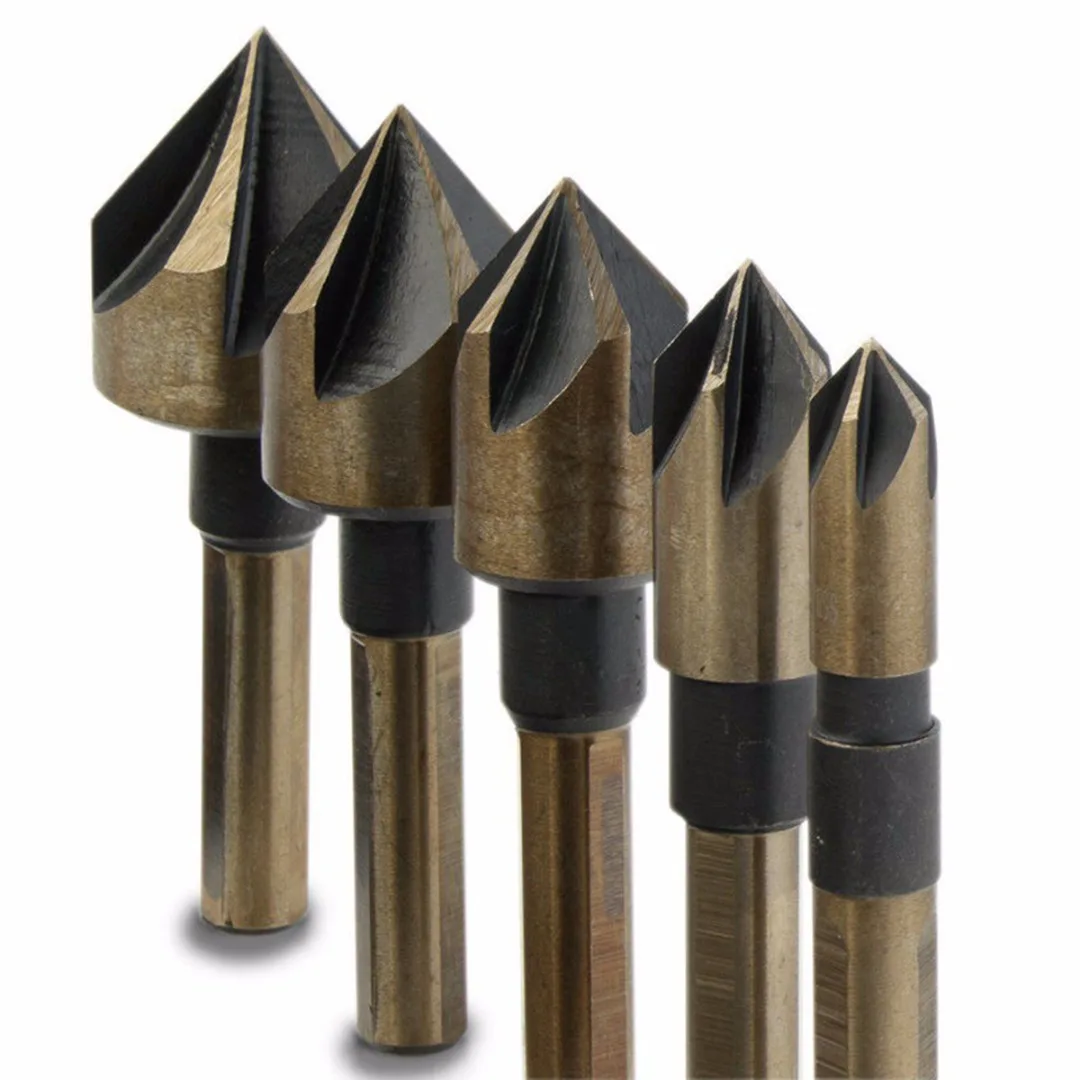 

5pcs Industrial Countersink Drill Bit 1/4"-3/4" 82 degree 5 Flutes Tri-Flat Shank Chamfering Cutter Woodworking Tool
