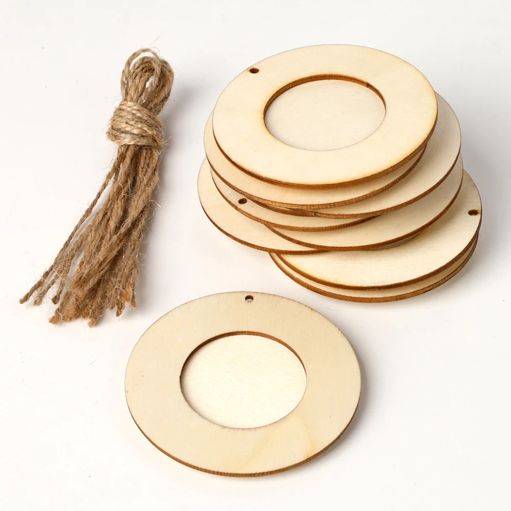 #*Cheap Craft 10 pcs Round Photo Frame DIY Picture Holder Wood Handmade Gift Wooden Mini With Hanging Rope