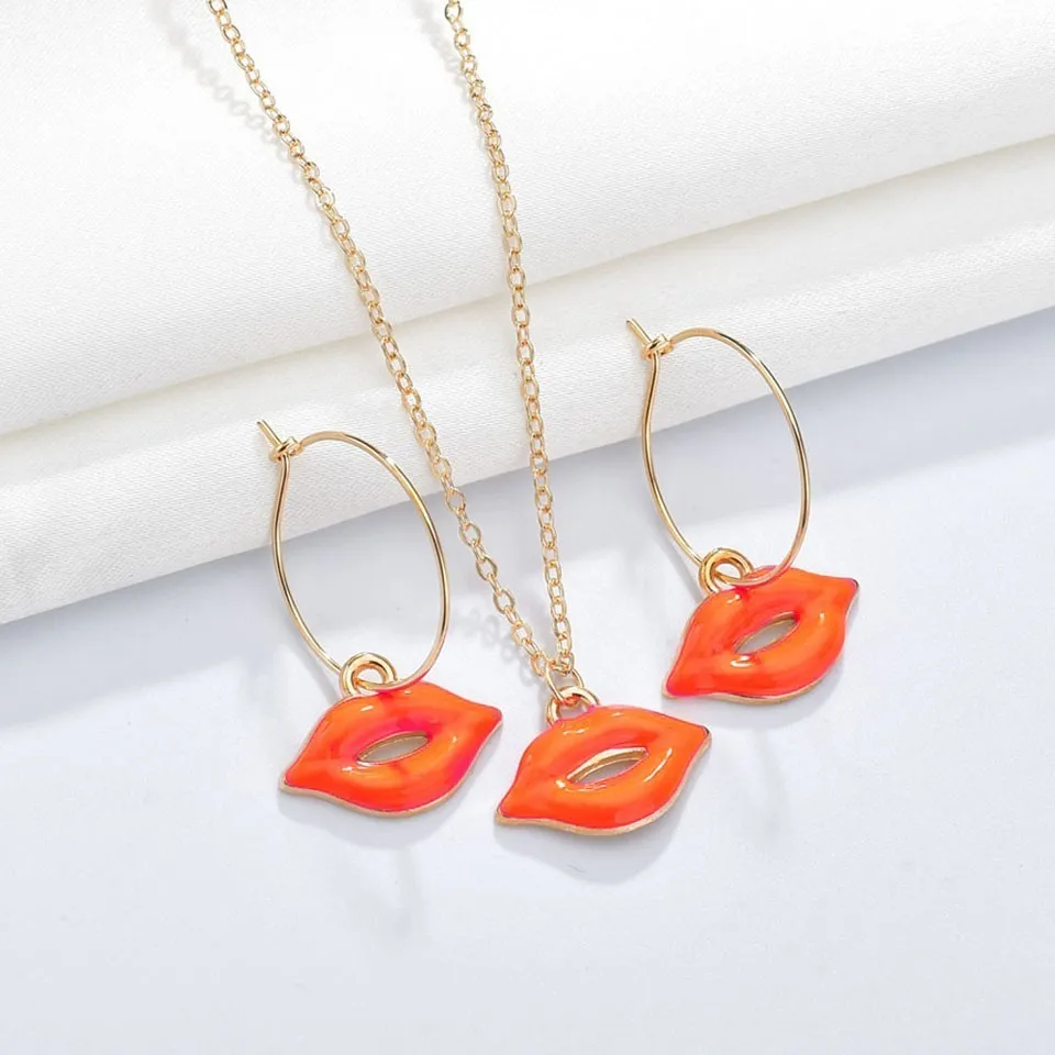 

New Custom Special Lips Pendant Necklace Earring Sets Hand Made Jewelry Sets For Women Party Decoration Jewelry