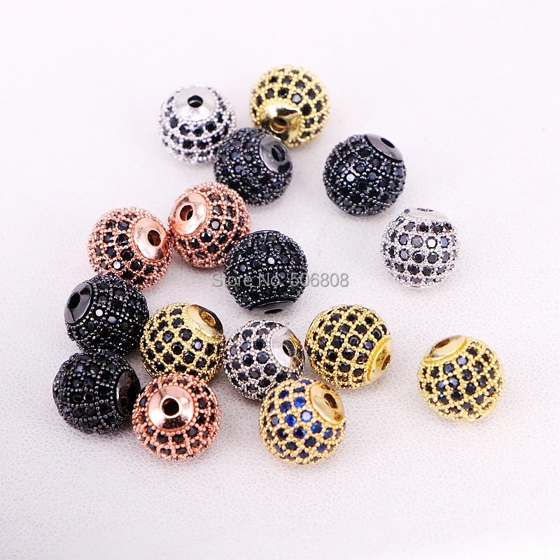 10PCS Fashion Round Brass Micro Pave Black CZ Crystal 10MM Charm Ball
