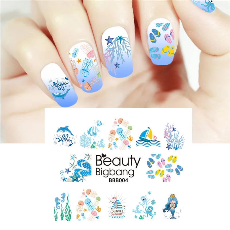 1 лист стикеров для ногтей BeautyBigBang летний дизайн океанских дельфинов и растений