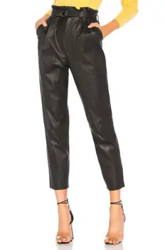 

Women Leather High Waist PU Trousers With Belt Ladies Casual Solid Black Stright Pencil Pants