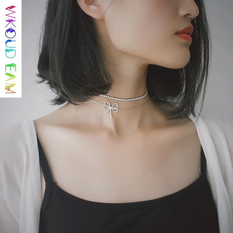 

WKOUD EAM Charm Jewelry 2019 New Fashion 925 Silver Micro-inlaid Zircon Bow Clavicle Necklace Women Girl Chokers Necklace S#N361