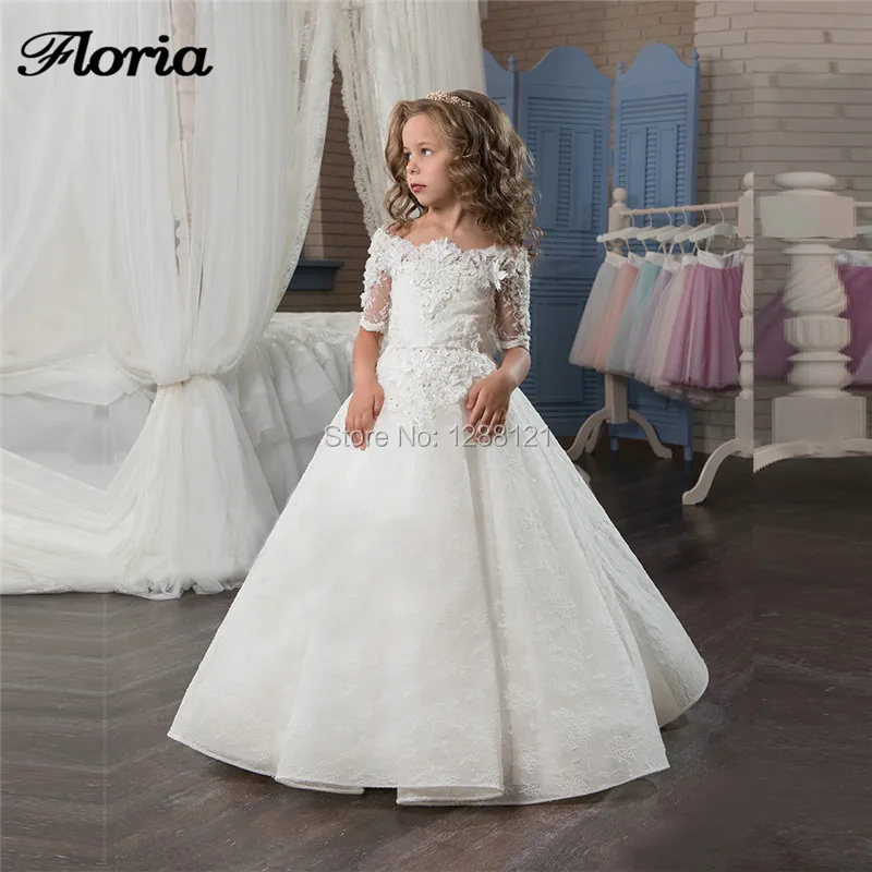 

New Half Sleeve Lace First Communion Dresses With Weddings 2019 Kids Evening Prom Gowns Handmade Flower Girl Dresses Vestidos