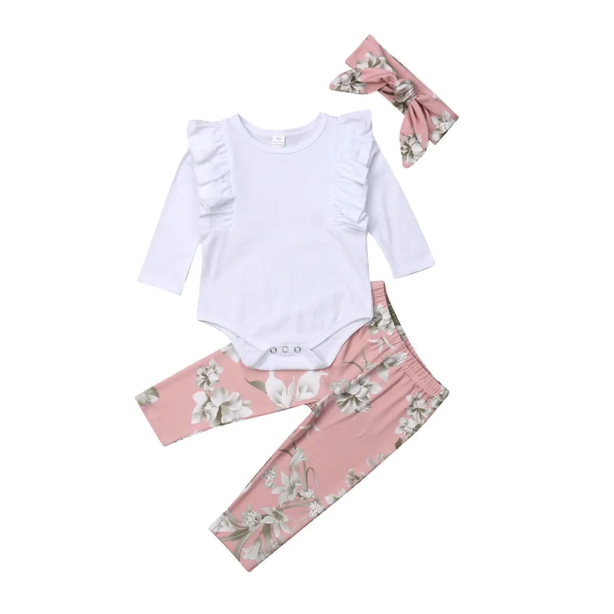 

0-18M Cute Newborn Baby Girl Long Sleeve White Bodysuit Tops Floral Pant Legging Headband 3PCS Girls Clothing Set
