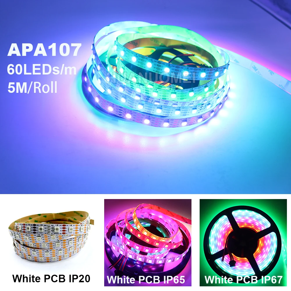 1 м/2 м/5 м APA107 Светодиодные ленты RGB пикселей Лента светильник, 5V 5050 SMD адресуемых Smart 30/60/72/144 светодиодный s/m, белый/черный печатных плат, IP20/IP65/IP67