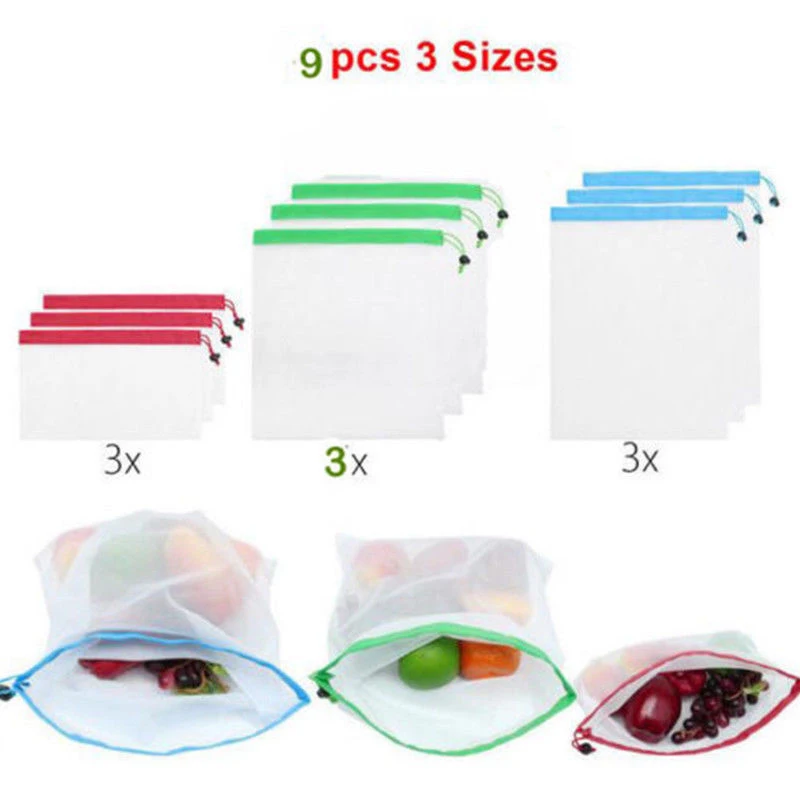 9 قطعة قابلة لإعادة الاستخدام شبكة انتاج الحقائب البقالة الفاكهة الخضار التخزين صافي حقيبة التسوق Eco المملكة المتحدة البوليستر حزمة الرباط ح...