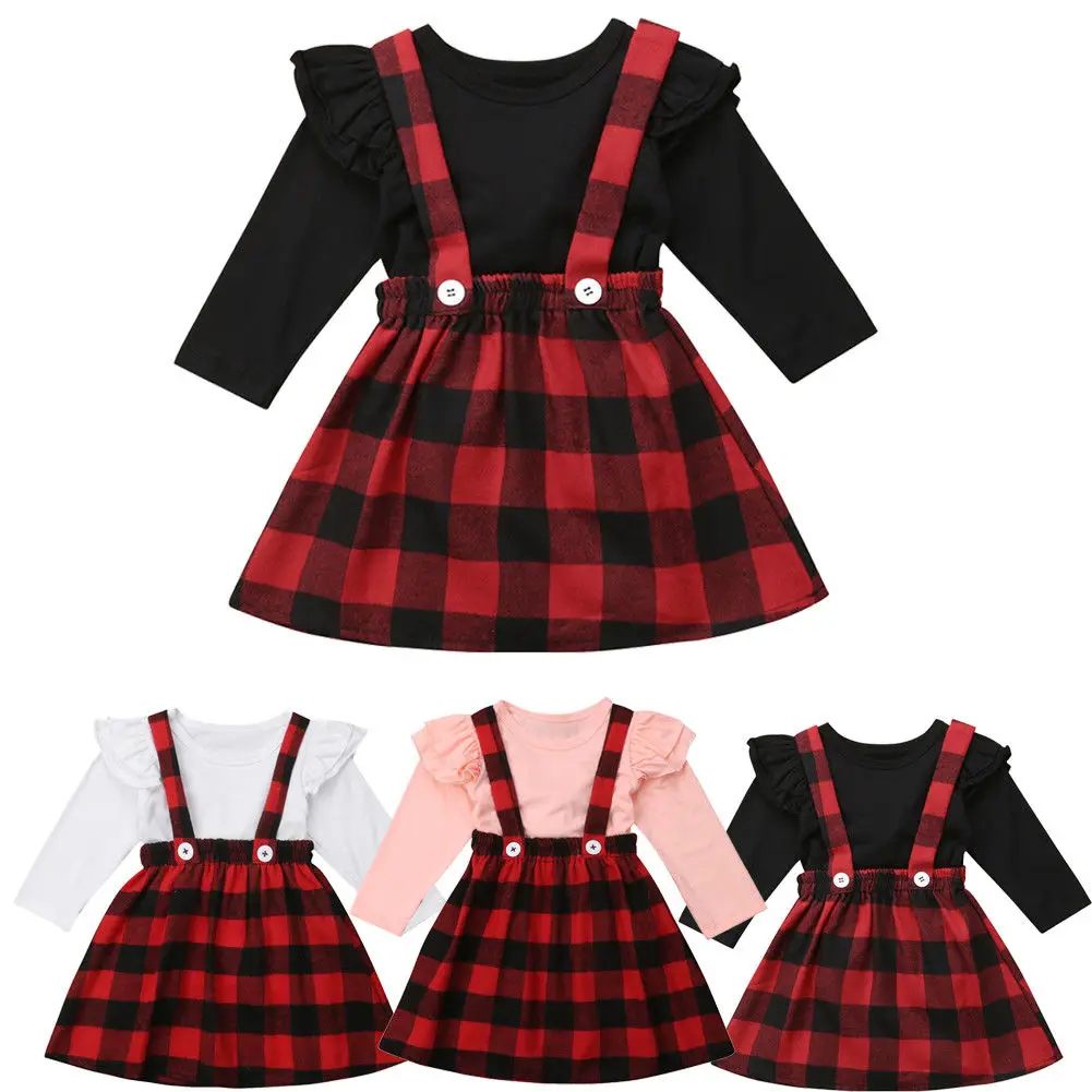 

0-4Y Toddler Kids Baby Girl Long Sleeve Cotton T-shirt Tops Red Plaid Suspender Skirt 2PCS Outfits Princess Girls Clothes Set