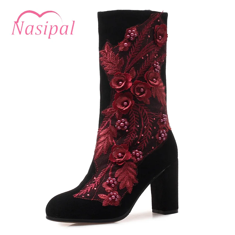 

Nasipal Ethnic Style Mid Calf Boots Thick High Heels Round Toe Knight Boots Autumn Winter String Beading Zipper Botas Mujer Shoe