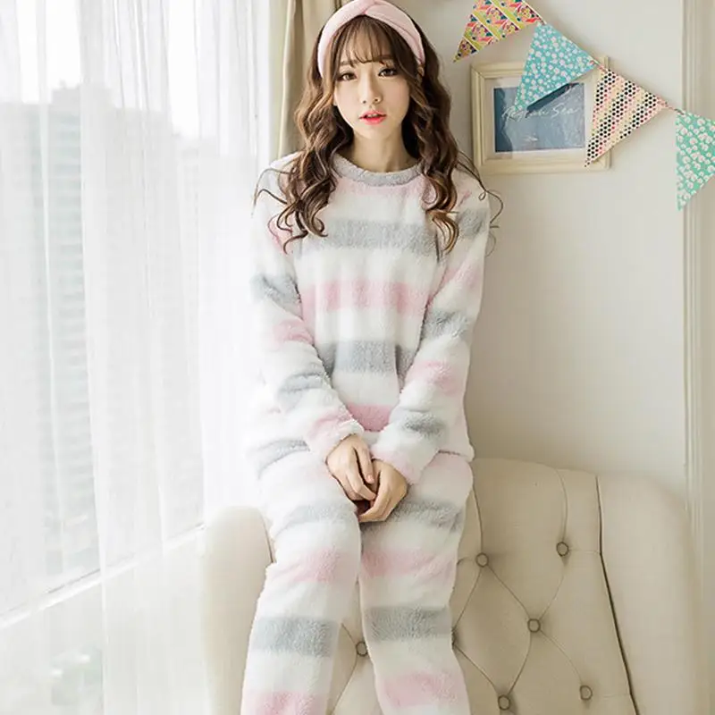 

MISS M Autumn Winter Long-Sleeved Flannel Pajamas Suit Thickened Household Suits with Lovely Sweet Stripes Women Girls Homewear