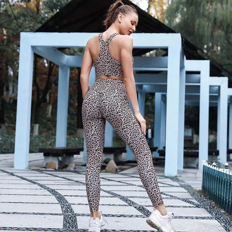 

Leopard Fitness Sport Suit Women Sports Top High Waist Leggings 2Pcs Strapless Yoga Sportswear Tracksuit Female