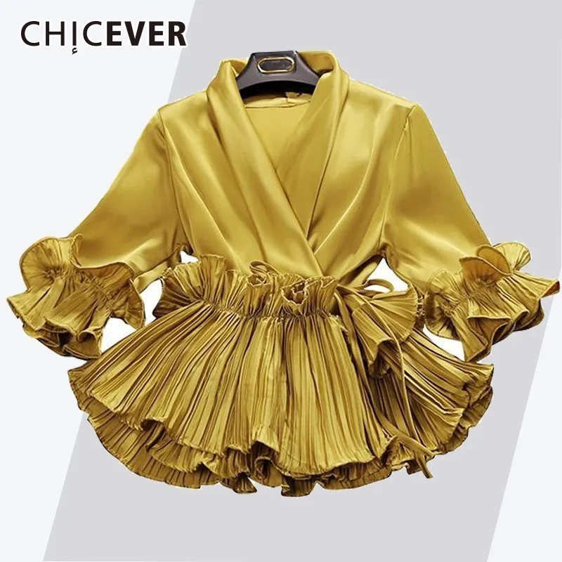 CHICEVER Pleated Ruffles Women's Blouse V Neck Three Quarter Butterfly Sleeve Short Summer Tops For Women 2018 OL Style Fashion