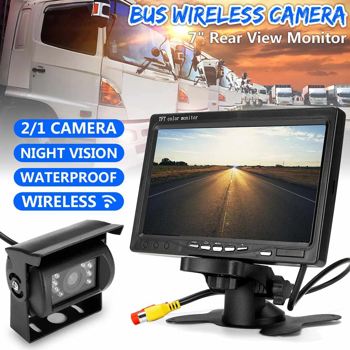 

7" Wireless Auto Car RV Truck Bus LCD Display Rearview Parking Monitor Waterproof Reversing IR Back Up Camera Night Vision