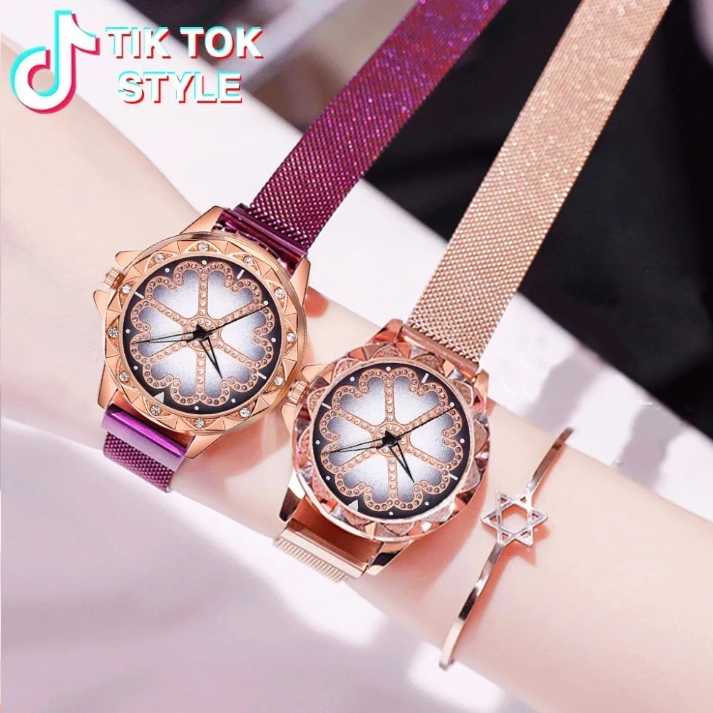 

Best Selling Women Mesh Magnet Buckle Lucky Flower Watch Luxury Ladies Rhinestone Quartz Watch Relogio Feminino Dropshipping