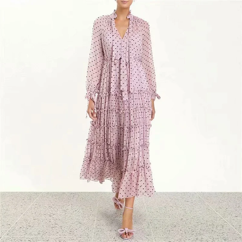 

pink summer clothes for women ladies dresss black polka dot dress ruffled collar knotted bow long sleeves button shirt dress