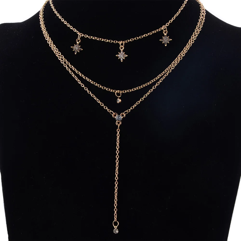 Punk Choker Necklace with Pendant Luxury Star Crystal Tassel Long Chain