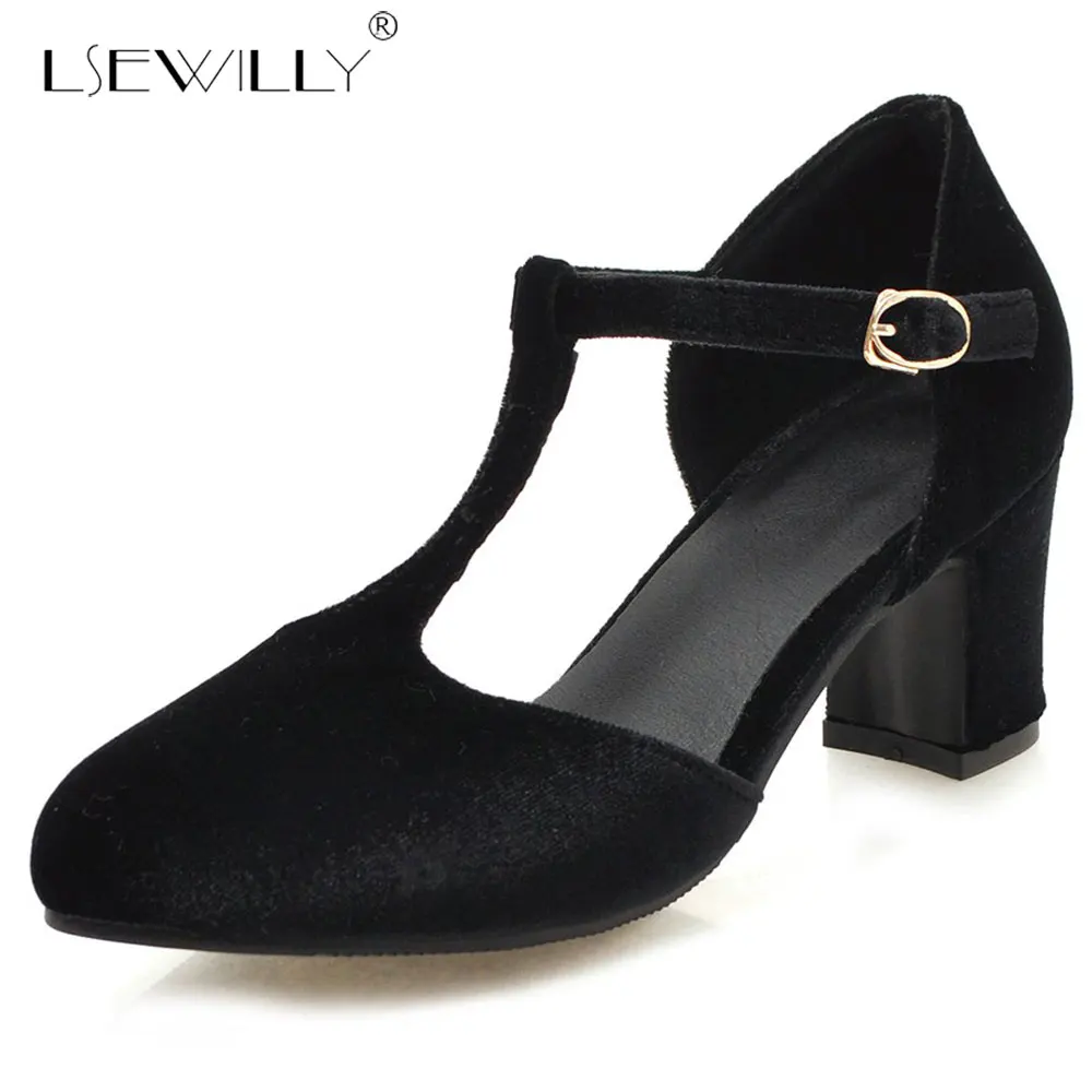 

Lsewilly Fashion 2019 New Summer Women Sandals elegant t-strap Shoes Woman chunky Heels Flock Footwear Plus Size 34-43 E827