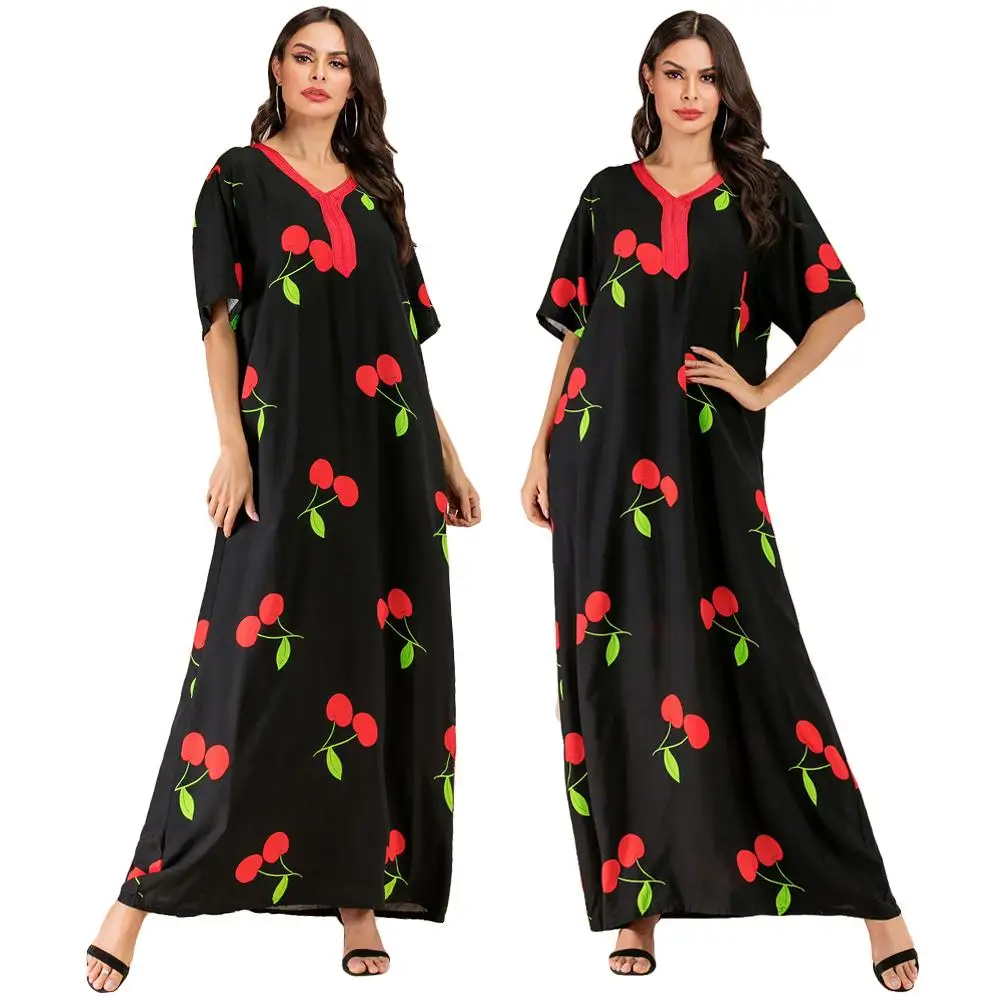 

Kaftan Abaya Muslim Women Summer Dress Short Sleeve Print Long Maxi Dress Arab Caftan Robes V-neck Loose Casual Islamic Clothes